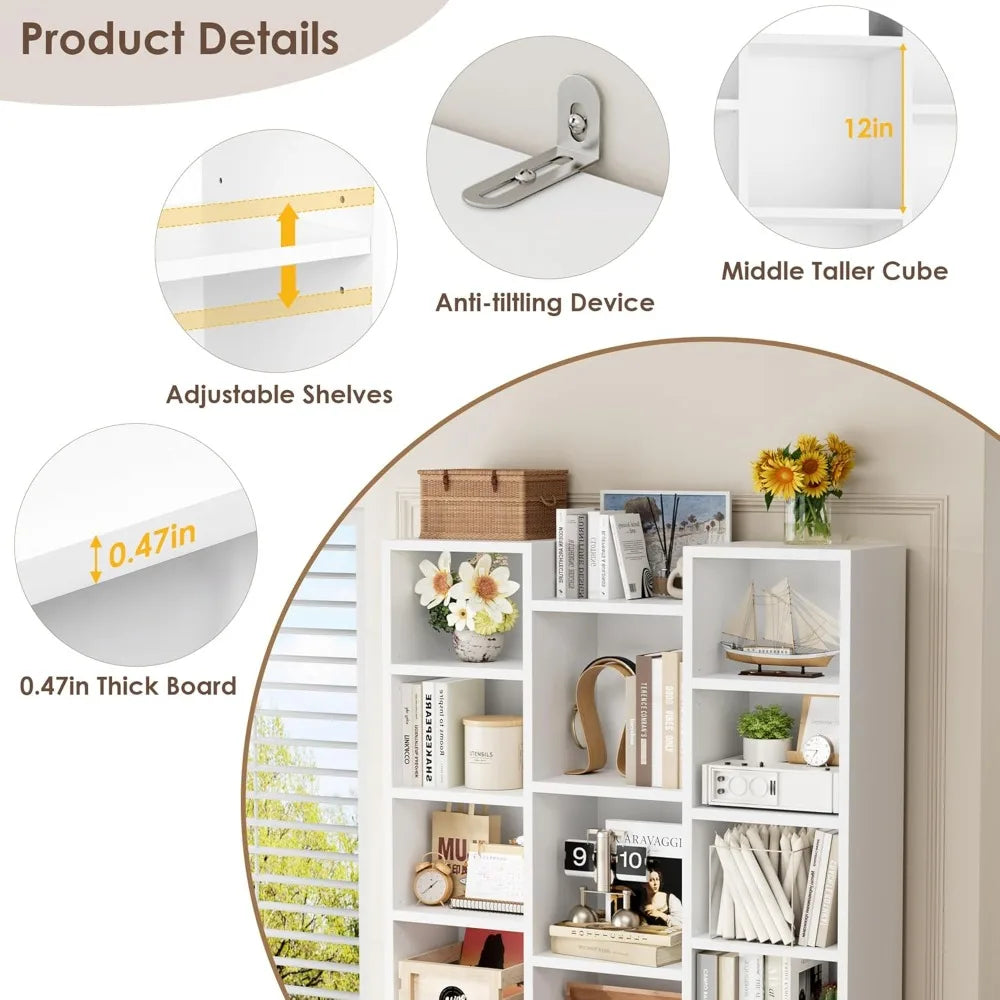 Triple Wide White Bookshelf with 8 Adjustable Shelves, Media CD DVD Storage Tower, Display Cabinet for Home Office