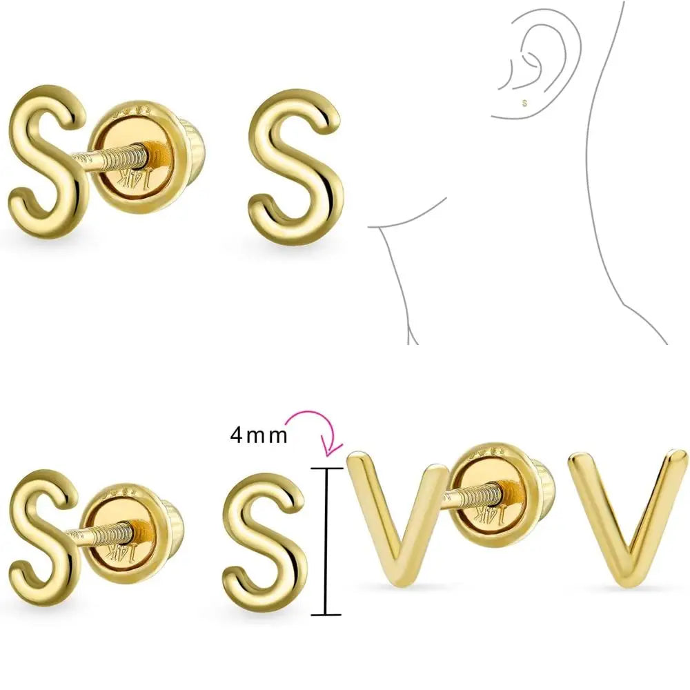 Minimalist Yellow 14K Gold Block Letter Initial Stud Earrings with Safety Ball Screw Back for Teens and Women