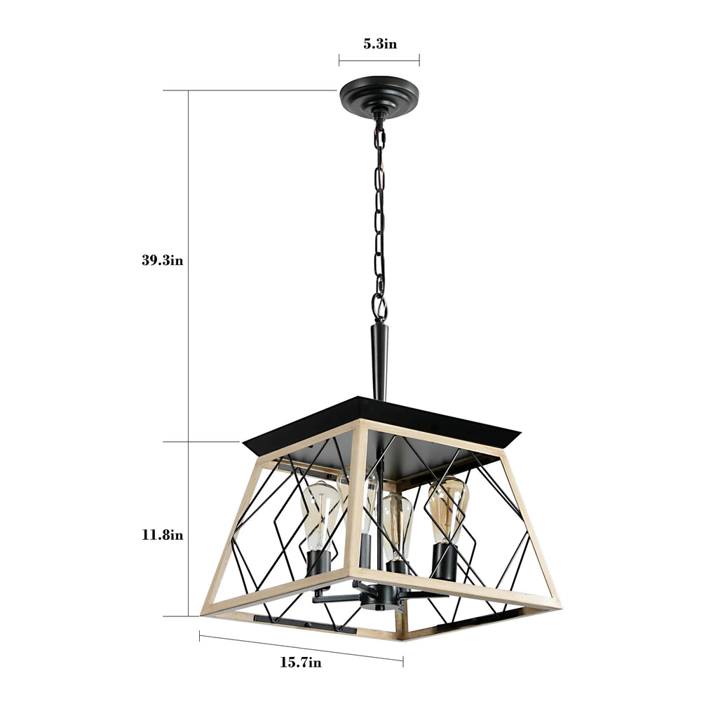 Industrial Retro Iron & Wood 4-Light Chandelier E26 Base Pendant Lighting for Dining Room Kitchen Living Room