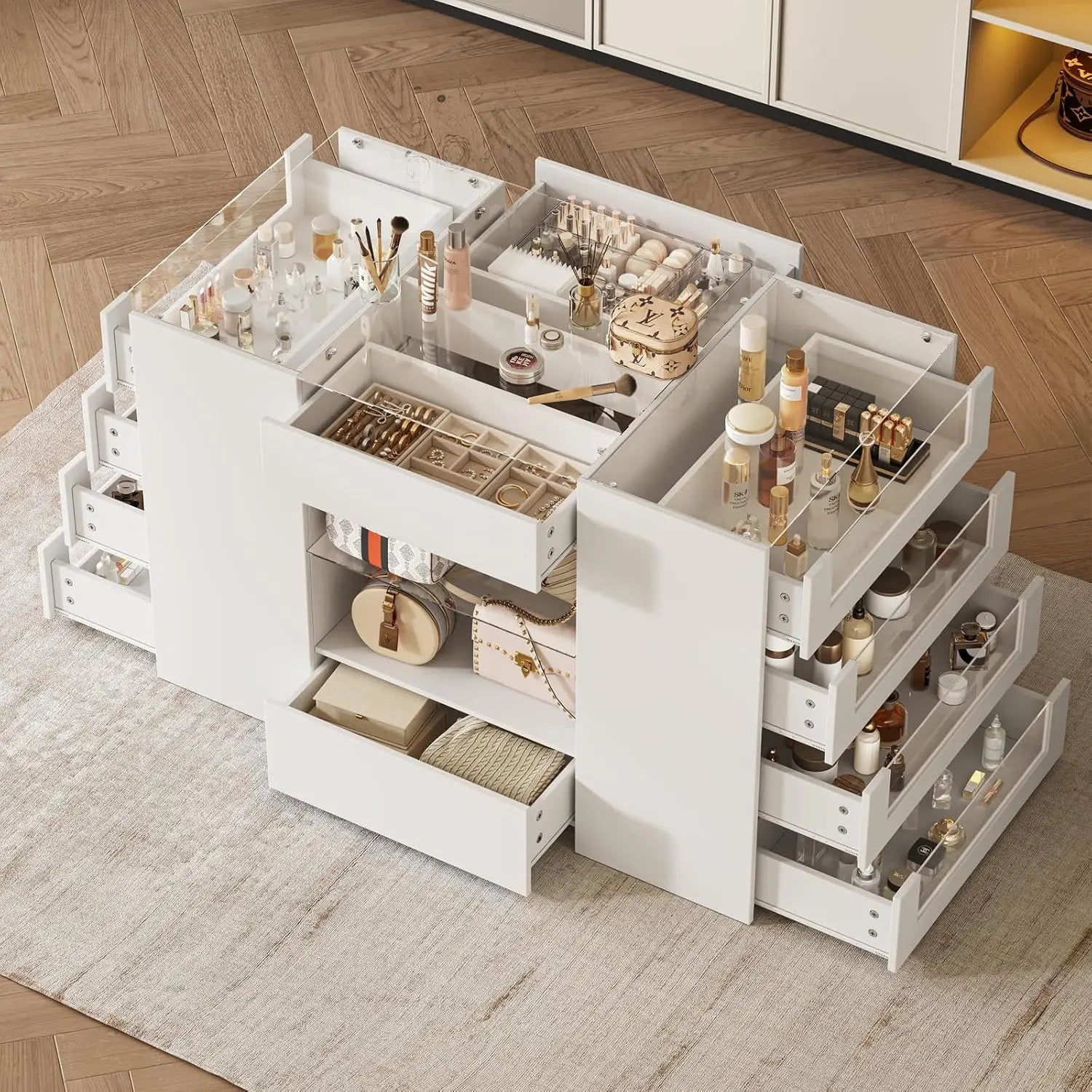 Closet Island with Drawers, White Wardrobe Armoire, 12 Drawers, Glass Top