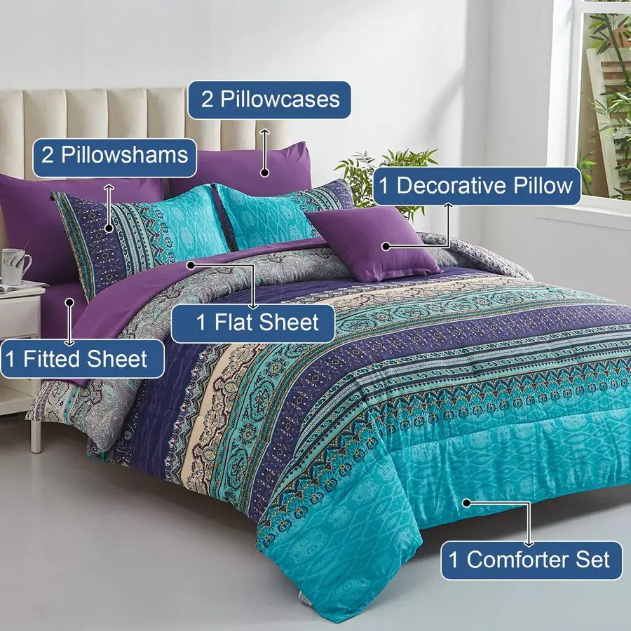 Comforter Set California King Size 8 Piece Bed in a Bag Bohemian Striped Bedding Quilt Set Aqua Paisley Floral Comforter and She