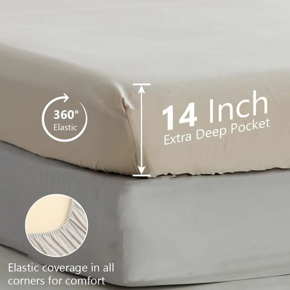 Belgian Linen Sheet Set with Long Ruffles 4pcs (1 Flat Sheet, 1 Fitted Sheet & 2 Pillowcases) Solid Shabby Vintage Chic Country