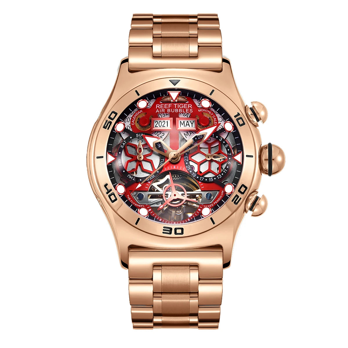 【REEF TIGER】 Men's watch with pure skeleton tourbillon, imported fully automatic mechanical watch for men