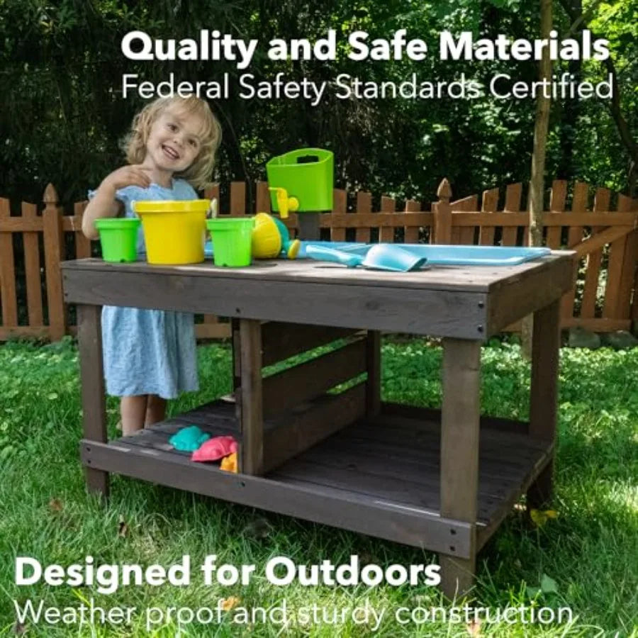Sand and Water Table for Toddlers | Outdoor Wooden Sensory Sand Table with 2 Plastic Bins, Built-in Water Tap and Beach Toys Inc