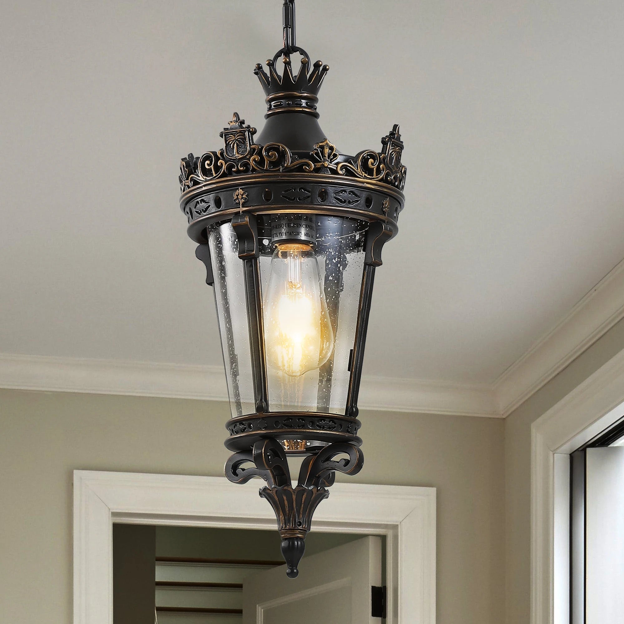 FAISHILAN Antique Crown Outdoor Hanging Lantern, Waterproof Vintage Pendant Light with Ornate Metal Design and Clear Glass