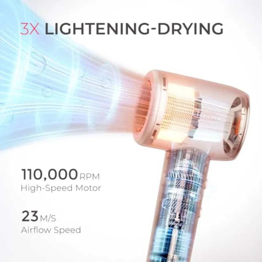 Compact 200 Million Ionic Hair Dryer with Comb and Diffuser for Curly Hair Fast Dry Pink Portable Blow Dryer 110 000RPM 4 Temps