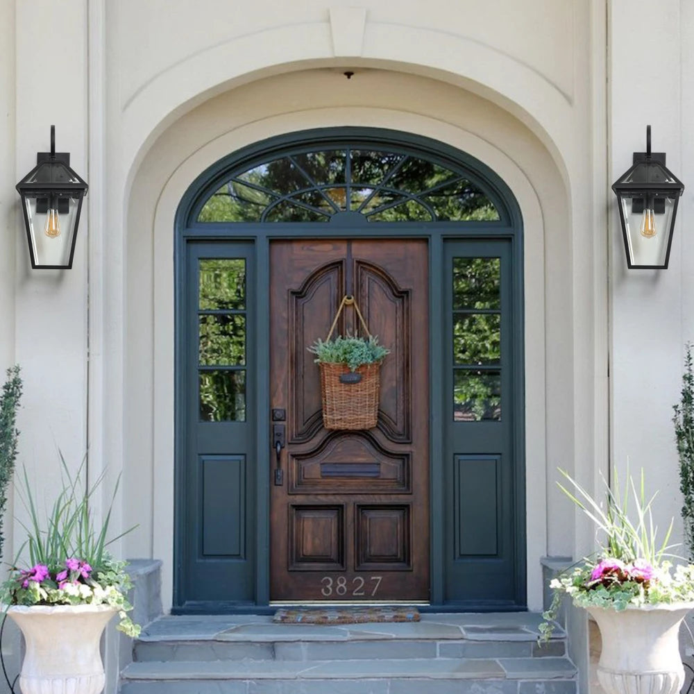 21"(H) 2-Pack Outdoor Wall Lantern Light – Modern Black Metal & Clear Glass Sconce for Porch, Patio (Bulb Not Included)