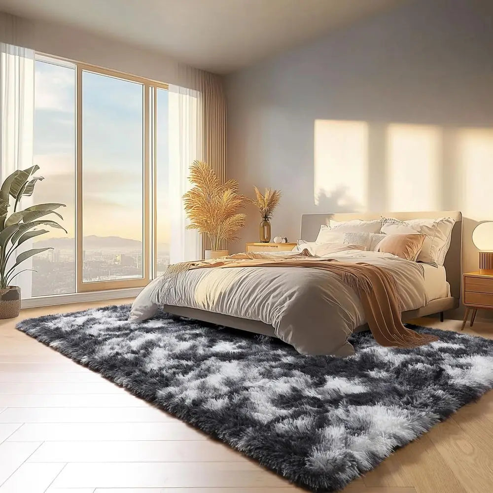 Large 8x10 Black & White Shaggy Rug for Living Room, Kids' Rooms, and Bedrooms - Washable, Plush, Thick Floor Carpet for Home De