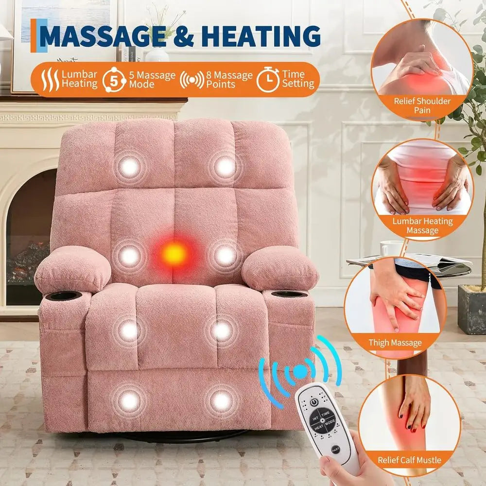 Massage Recliner Chair with Heat, Manual Swivel Rocker Recliner with Vibration Massage, Side kets & Cup Holders, Rocking Reclini