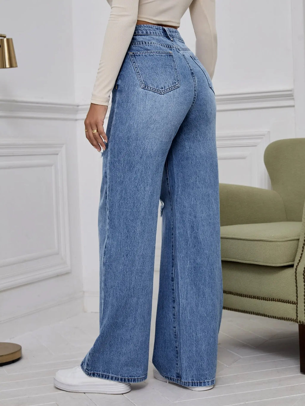 High Waist Ripped Wide Leg Jeans for Women, Distressed Denim Pants with Loose Fit