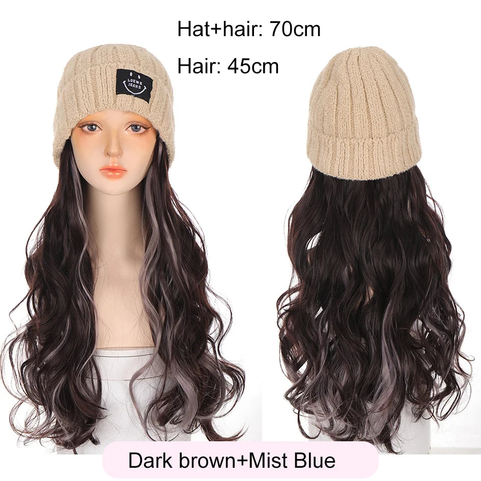 Synthetic 18 inch knitted hat with long curly hair hat wig, wavy wig, winter wig, beige/blue/coffee knitted hat Christmas outfit