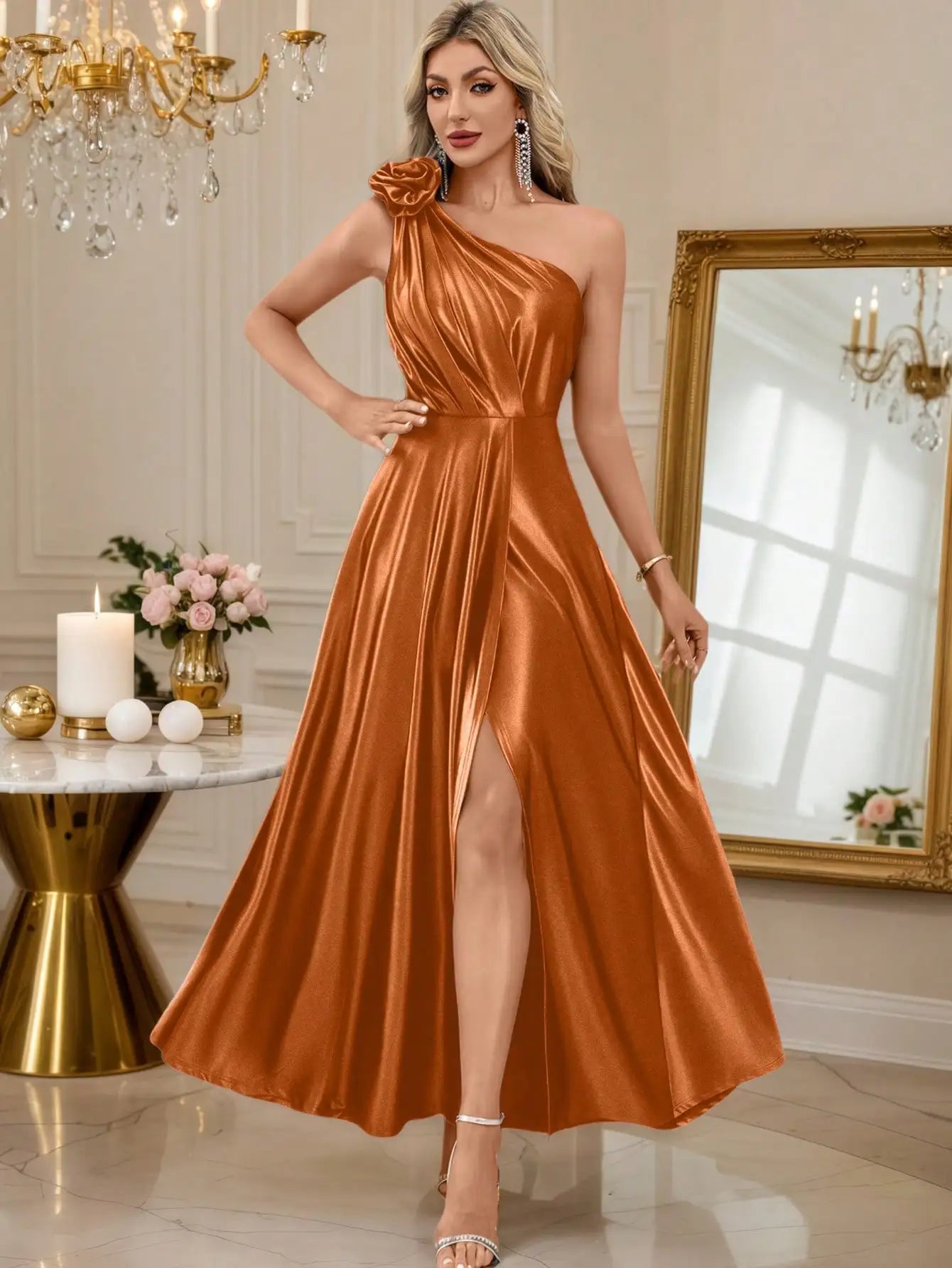 Elegant Satin One-Shoulder Evening Gown with High Slit and Floral Detail, Formal Dress for Parties and Galas