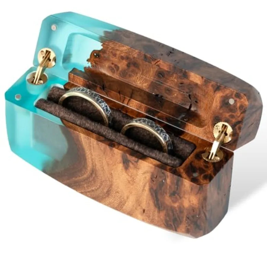 Engagement Ring Box Double Rings - Unique Jewelry Box and Organizer Epoxy and Wood Handmade Display Case for Women Girlfrie
