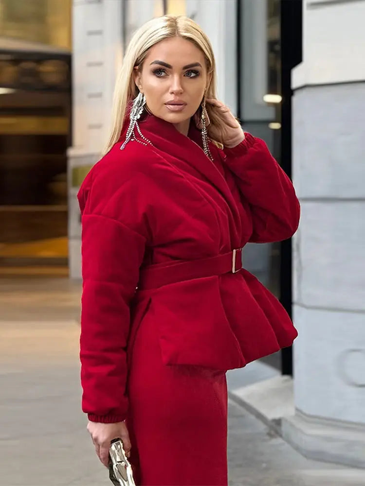 Lace up Cotton Jacket Woman Solid Color Long Sleeves Waist Cinching Versatile Coats Street Chic Women's New Warm Jackets