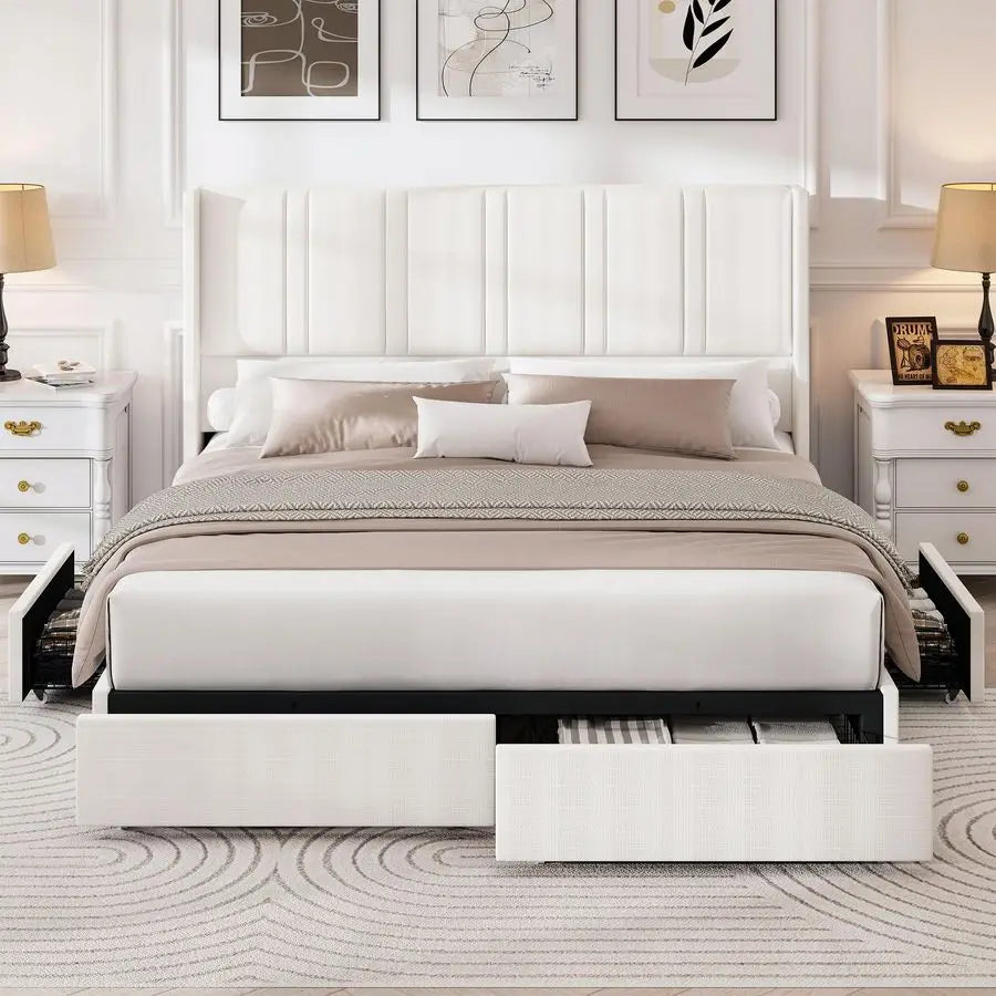 Queen Size Bed Frame with 4 Storage Drawers and Wingback Headboard Linen Upholstered Platform Bed Frame with Wooden Slats, Easy