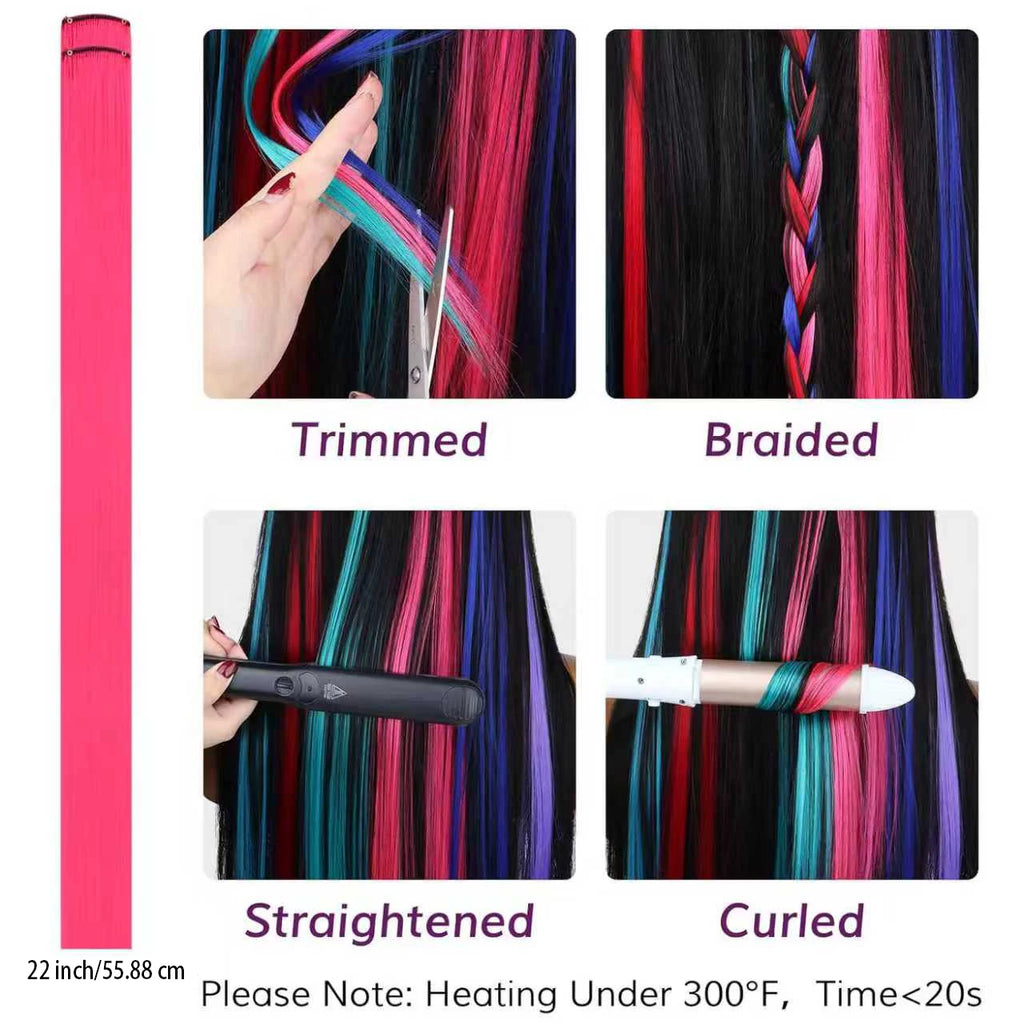 22 inch Colored Hair Extensions Straight Hairpiece, Colorful Hair Extensions Party Highlights Clip in Long Synthetic Hair Extens