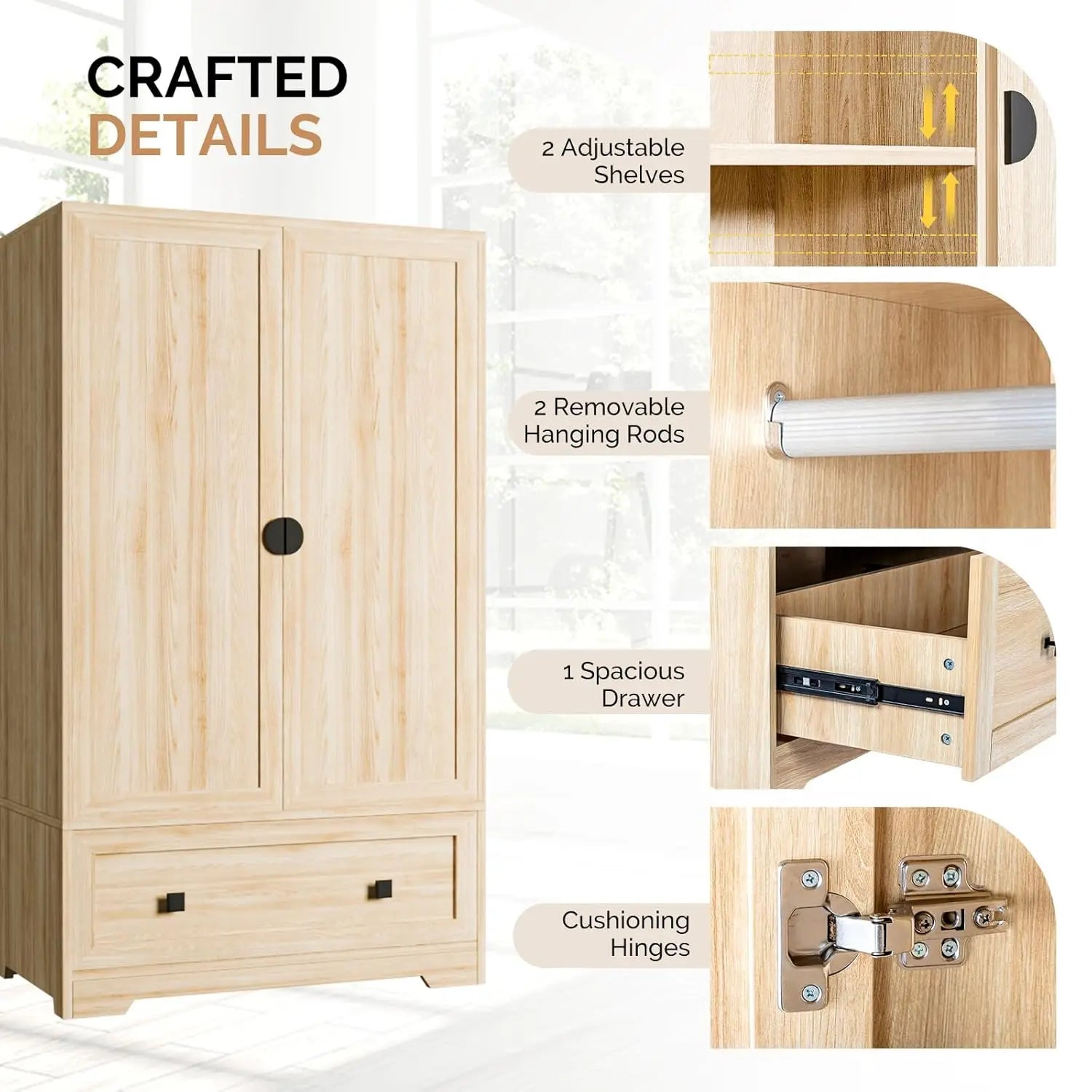 Armoire Wardrobe Closet With Doors, Hanging Rod, Shelves and Drawer - Freestanding Cabinet for Bedroom, Dorm - Oak,, Customized