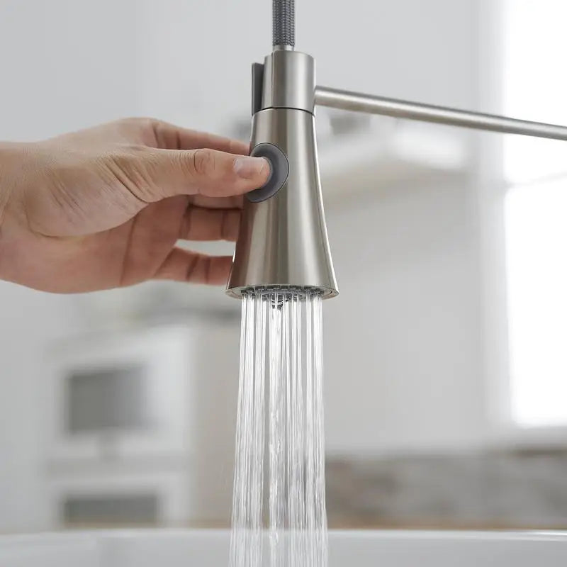 Modern Brushed Nickel Kitchen Faucet w/ Pull-Out Sprayer, Single Handle Lever Sink Fixture