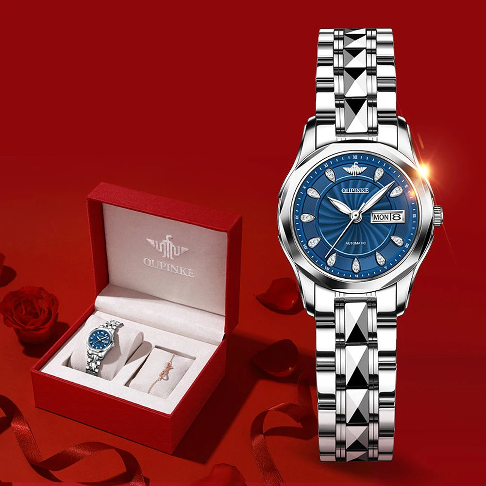 OUPINKE 3172 Mechanical Ladies' Watch Diamond Dial Auto Calendar Sapphire Mirror Imported Japan Automatic Movement  Set