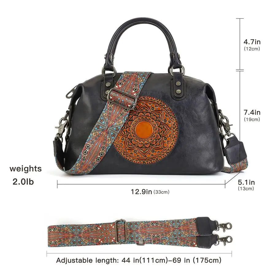 Handbag for Women, Genuine Leather Purses Retro Mandela Crossbody Handbag Tote Bag