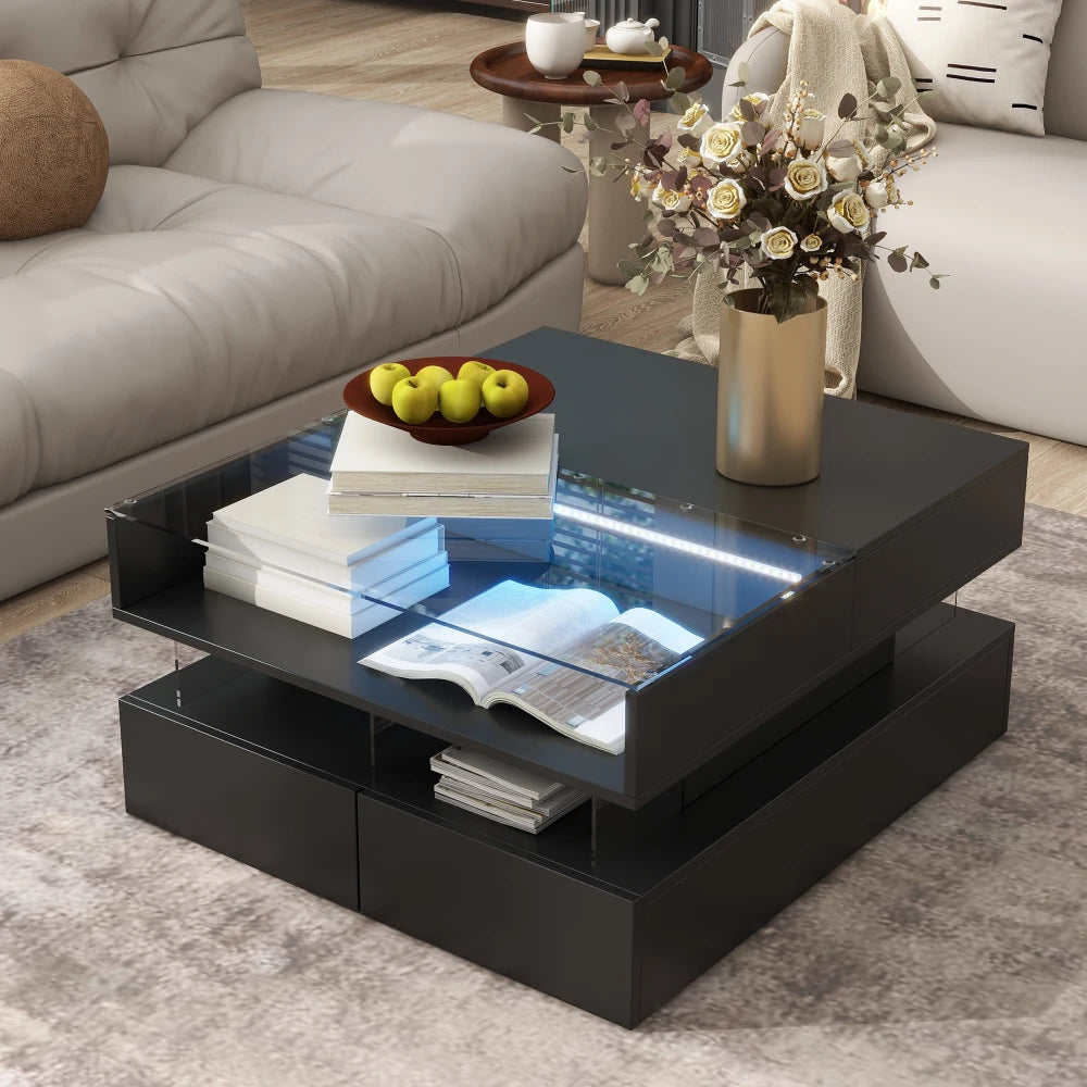 Lift-Top Coffee Table with 2 Drawers, Modern Square Coffee Table with Glass Top for Living Room