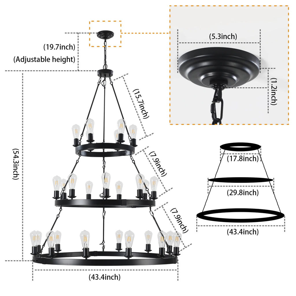 Industrial 3-Tier Metal Chandelier Adjustable Height Ceiling Light for Living Dining Room