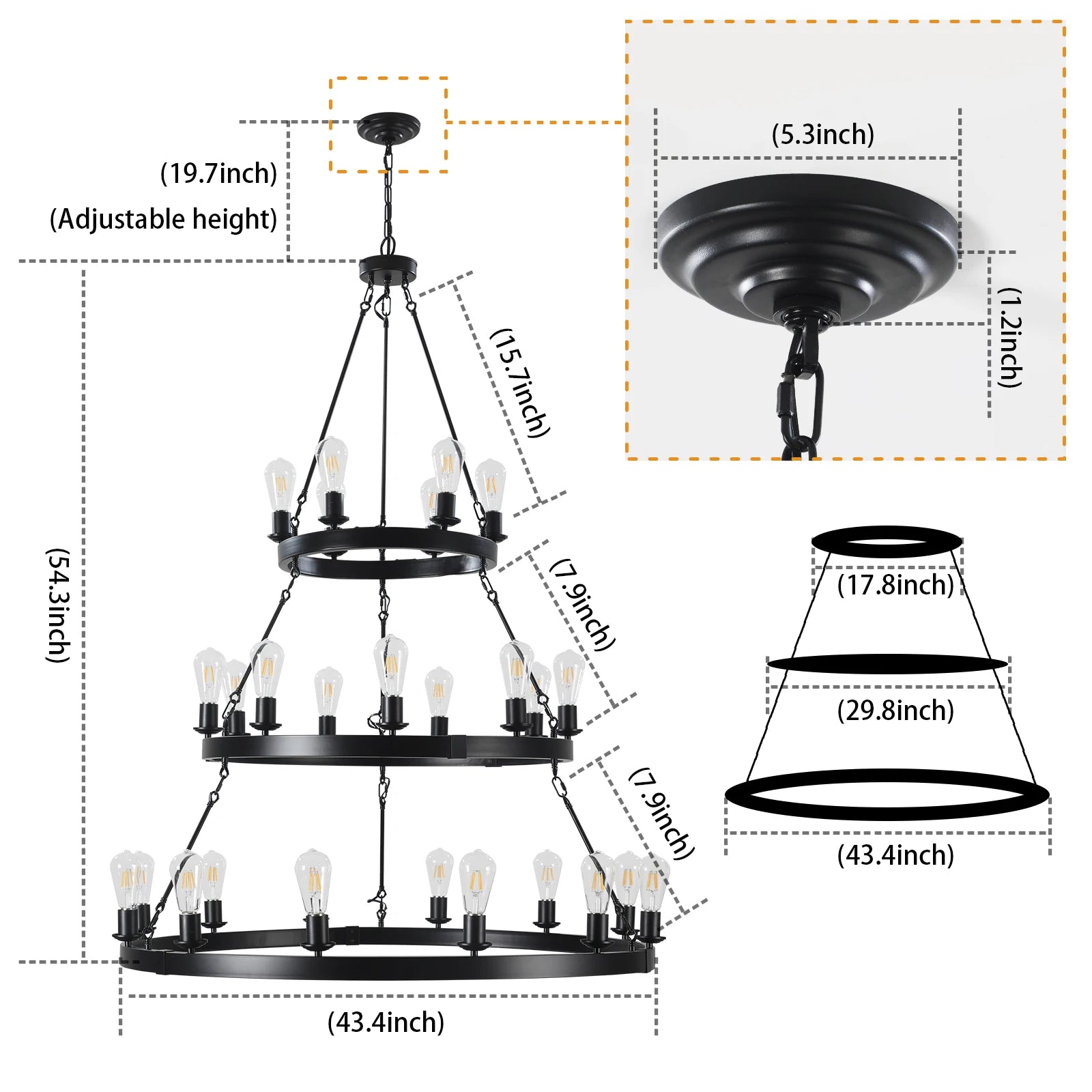 Industrial 3-Tier Metal Chandelier Adjustable Height Ceiling Light for Living Dining Room