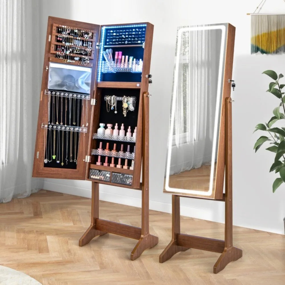 Lockable Jewelry Armoire Standing Cabinet Makeup Women Mirror W/ Lighted Mirror