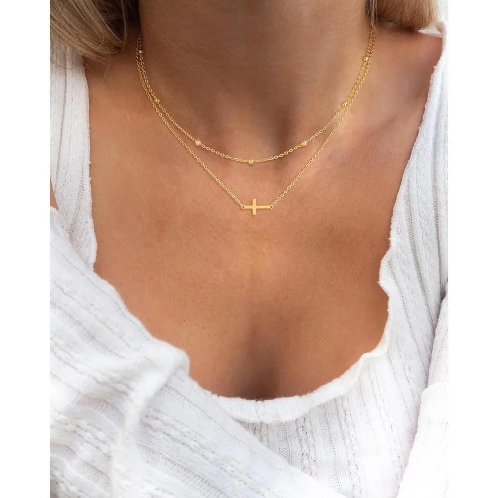 Cross Necklace for Women Dainty 14K Real Silver Gold Plated Layered Cross Pendant Necklace Stack Simple Trendy Cute Charm Choker