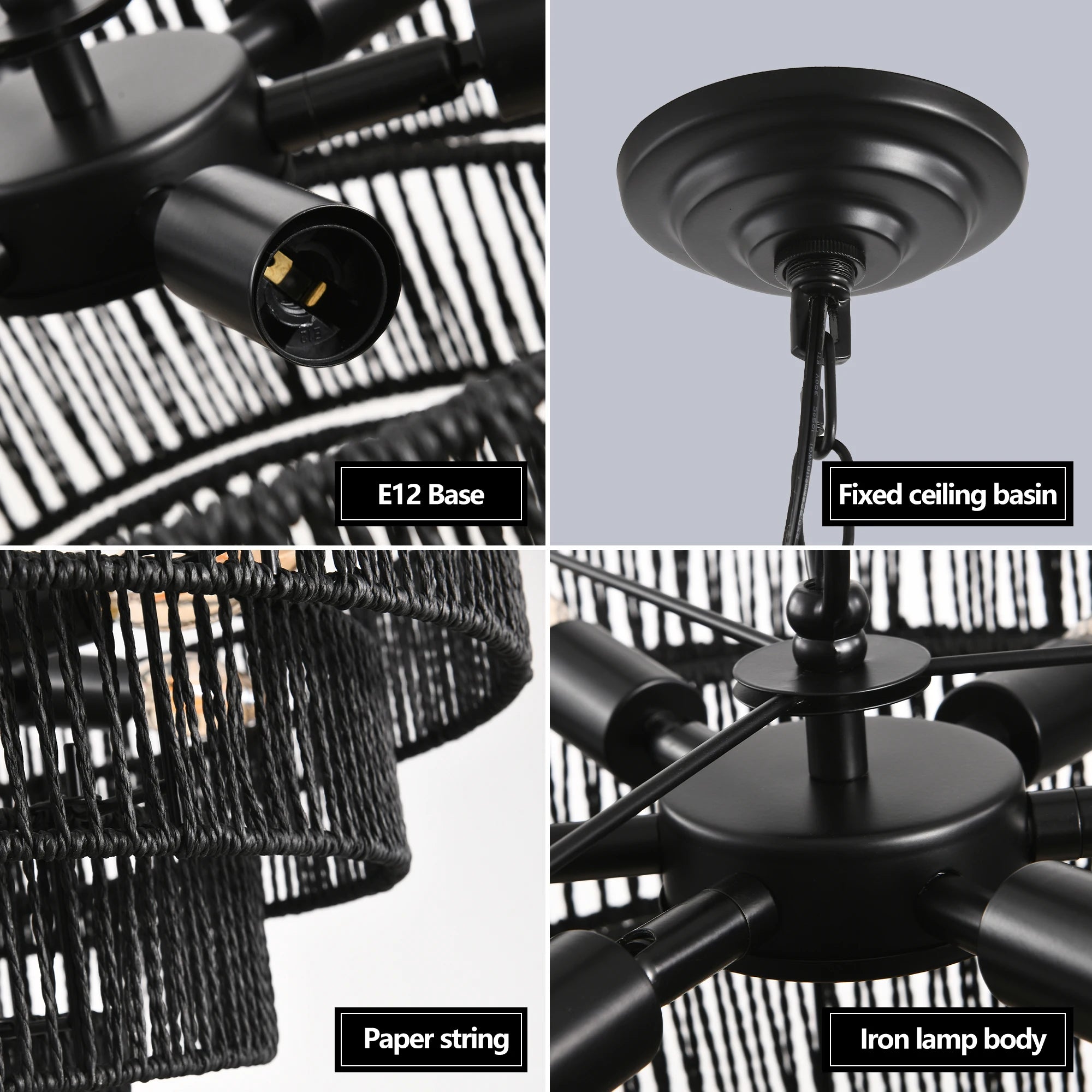 Stylish Modern Bohemian Multi-Layer Paper String Chandelier | Iron Frame Adjustable Height Ceiling Light for Dining/Living Room