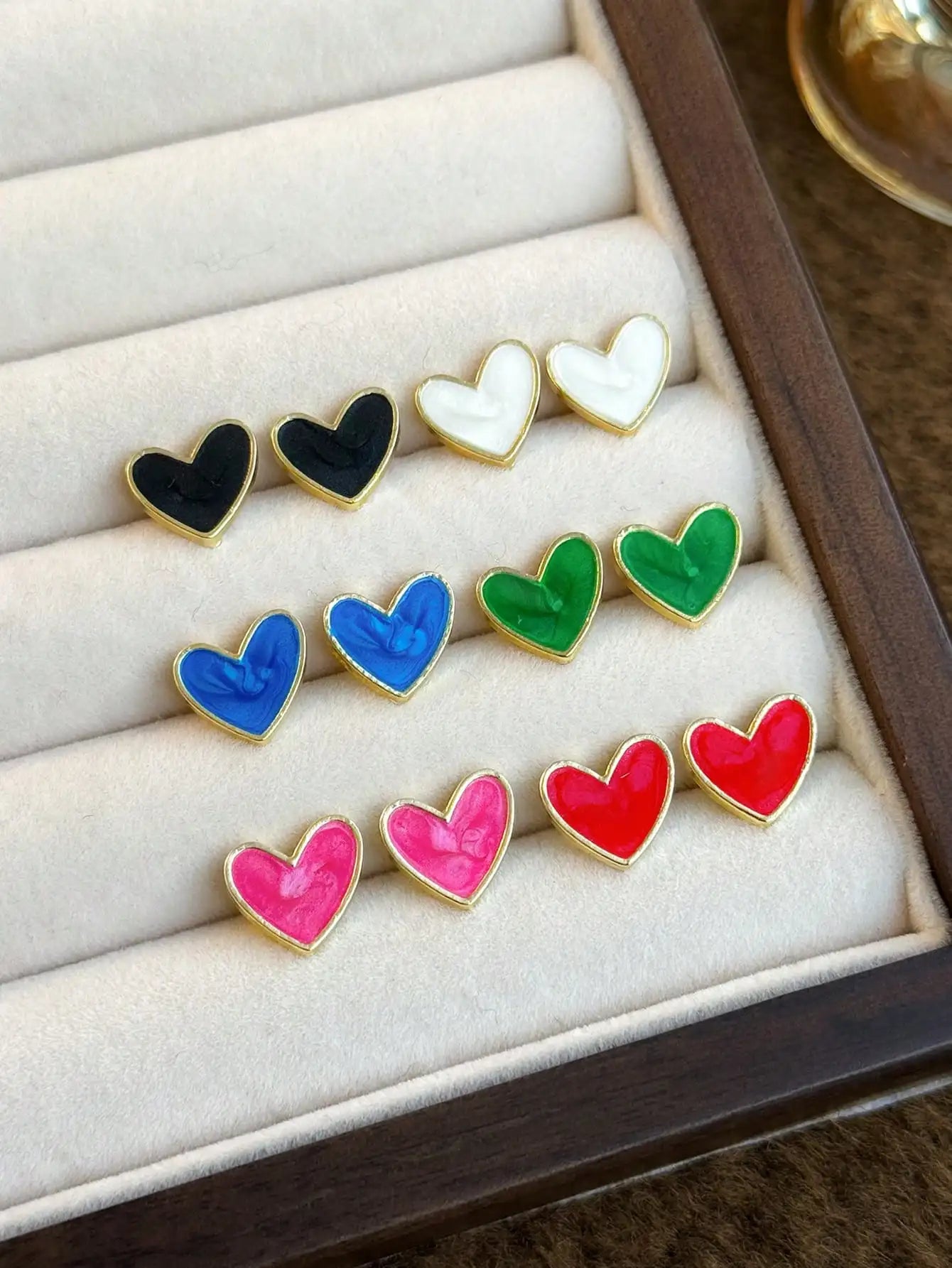 6 Pairs Heart Stud Earrings Set for Women, Colorful Enamel with Gold Tone, Classic & Chic Jewelry Gift