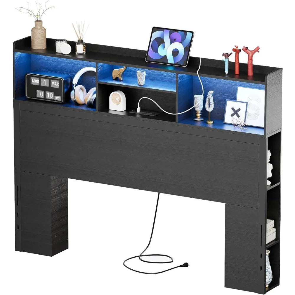 PAKASEPT Queen Headboard with Storage, Modern Bookcase Headboard with Adjustable LED Lights & Charging Station for Bedroom, Fash