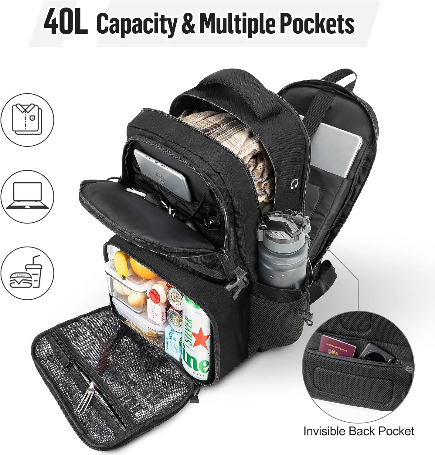 Tactical Backpack with Lunch Box for Men: Laptop Compartment Bookbag with lunchbox for Work School for Women Mens Black