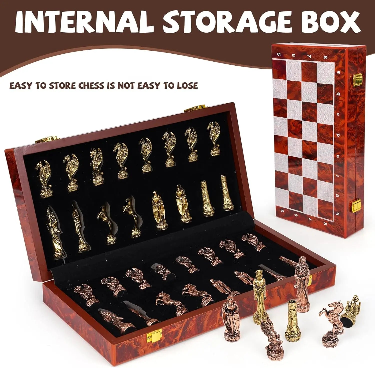 Vintage Metal Chess Set 15'' Wooden Board - Travel Friendly Collectible Game for Adults & Kids