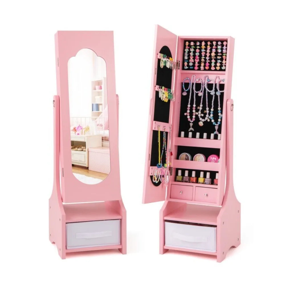 Freestanding Kids Jewelry Organize Armoire Cabinet w/Storage and 2 Tilt Angles