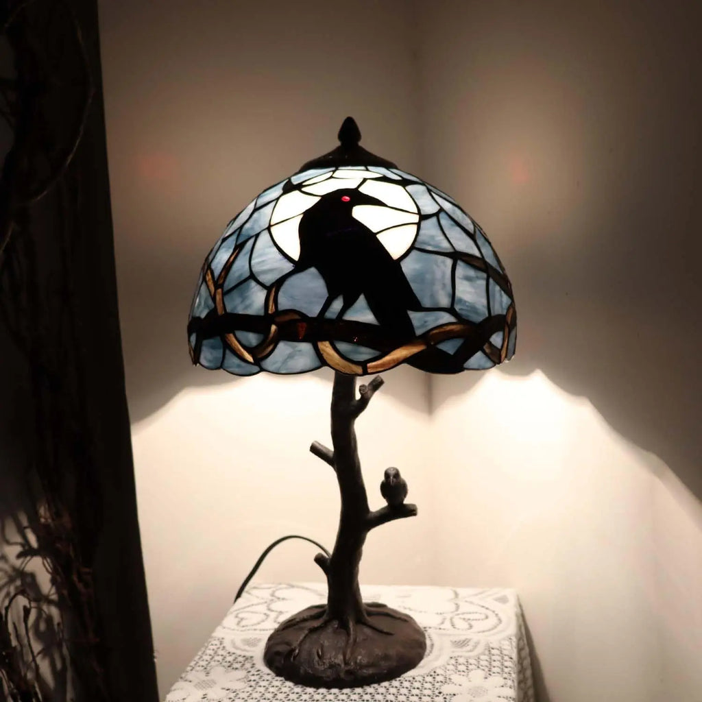 Raven on Tree Branch Moonlight Tiffany Stained Glass Table Lamp Home Decor Dark Blue 12Wx20H