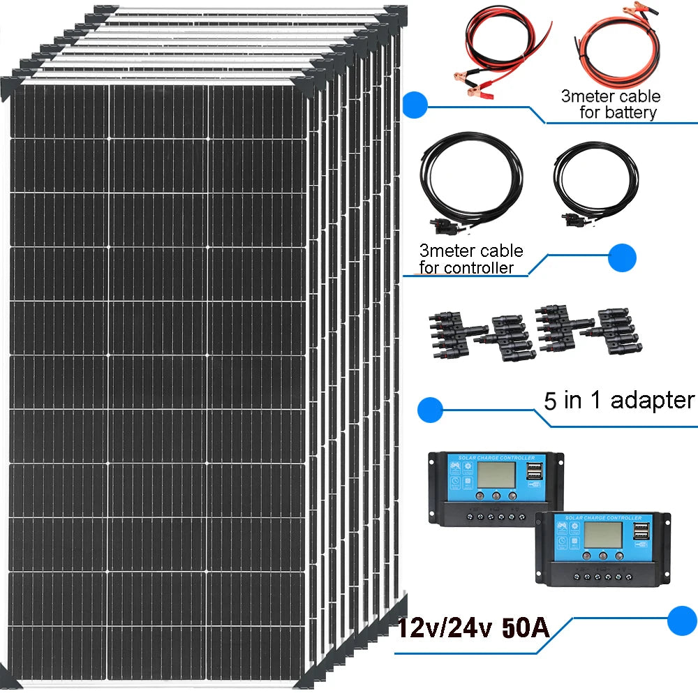 18V Solar Panel 1200W 600W Waterproof Monocrystalline Best Solar Panel 1- 10pcs 120W China Charging Camping RV Boat battery Home