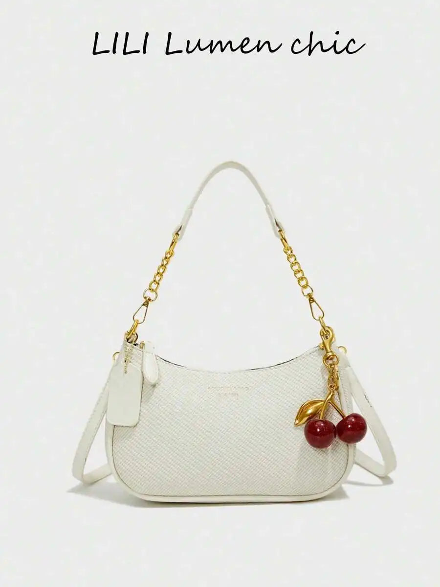 Black Pebbled PU Crescent Shoulder Bag with Gold Chain & Cherry Charm