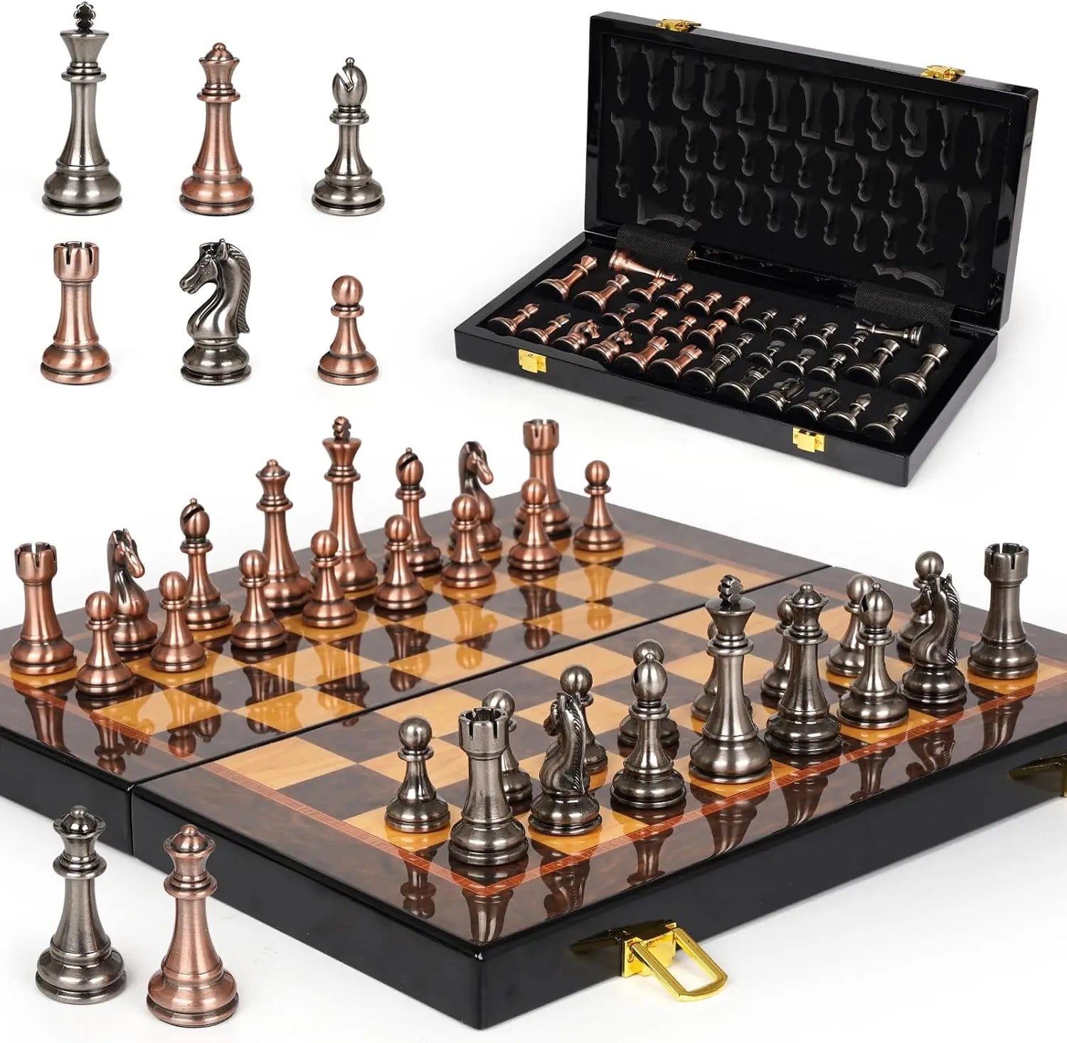 Luxury Metal Chess Set with 15' Wooden Board | Weighted Pieces | 2 Extra Queens | Tournament Style for Adults