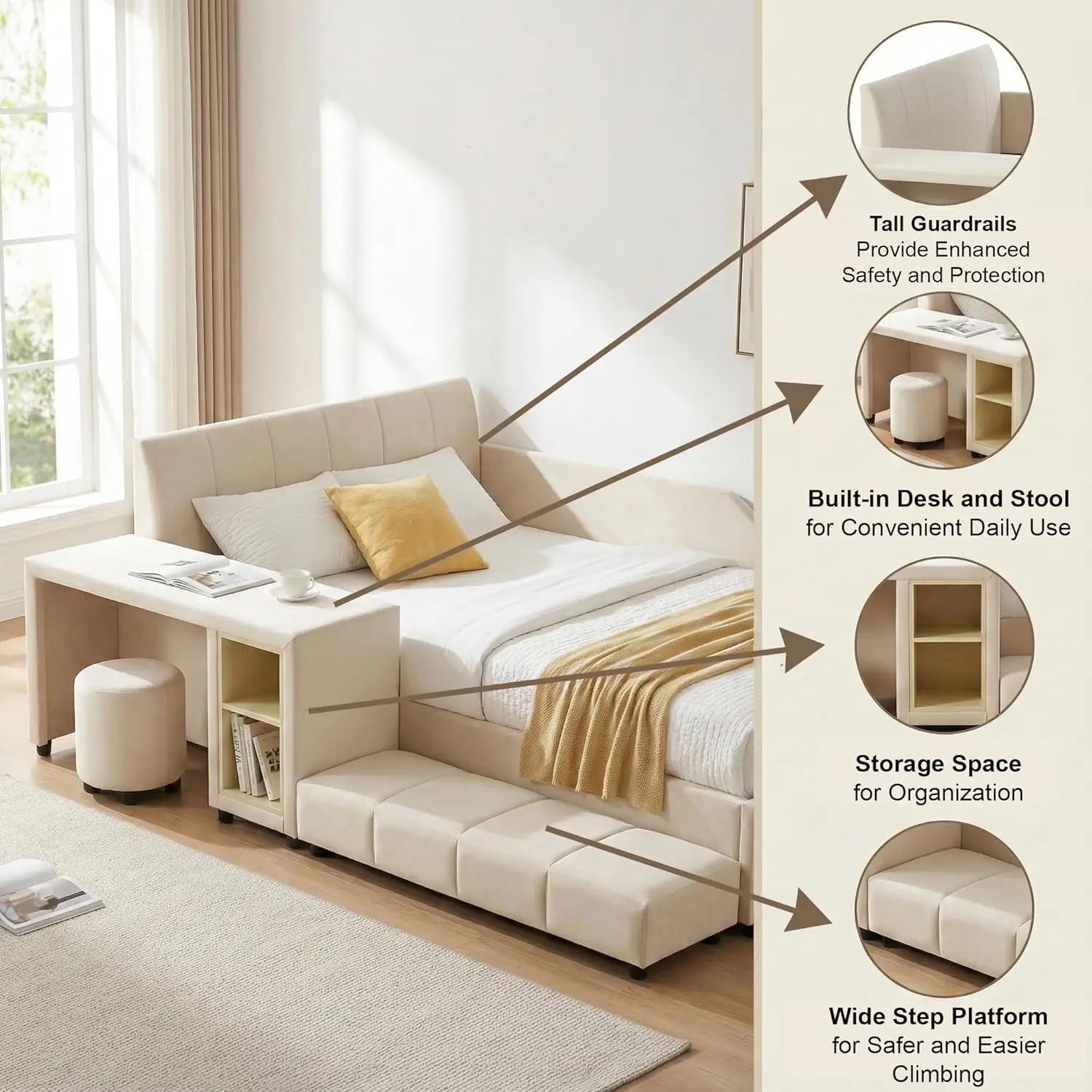 Velvet Upholstered Grounded Platform Bed, Wooden Full Size Mother & Child Bed Frame with Bedside Desk and Little, Customized