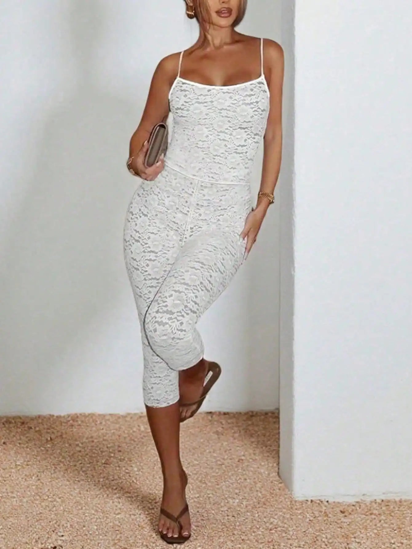 New Lace Trim Sports Romper - Sleeveless Cami Top & Slim Fit Crop Leg Jumpsuit