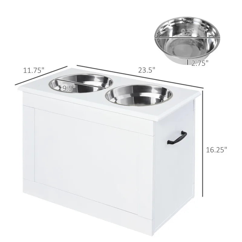 Elevated Dog Bowl With Storage Space White High Feeder - Raised Dog Bowl Stand Large Feeding Station With 2 Pet Bowls