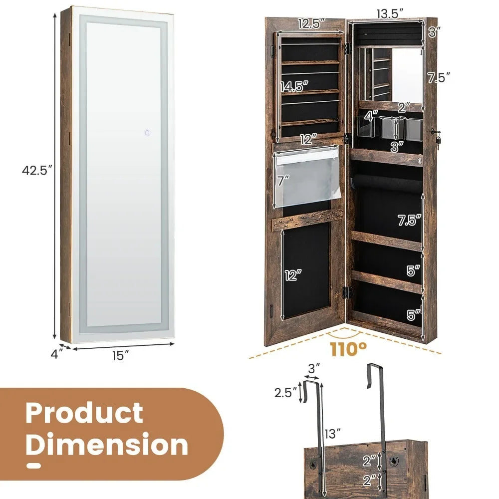 LED Mirror Jewelry Cabinet Wall/Door Mounted Organizer Armoire w/ 3 Color Light