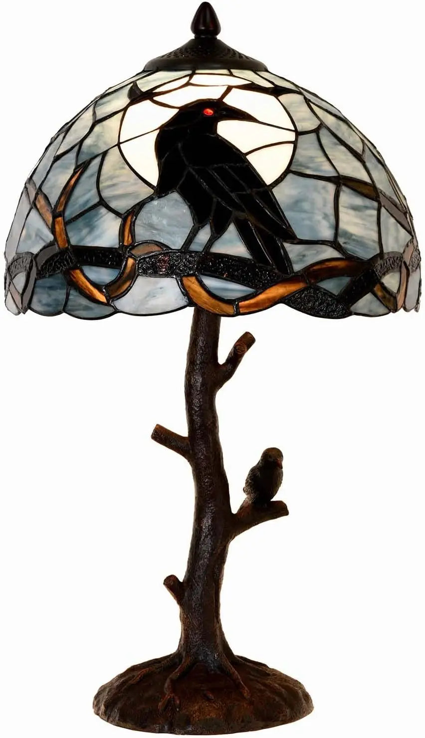 Raven on Tree Branch Moonlight Tiffany Stained Glass Table Lamp Home Decor Dark Blue 12Wx20H
