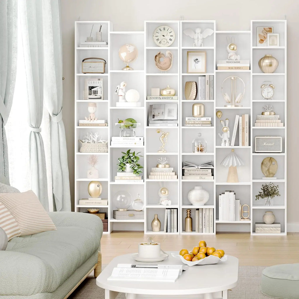 Triple Wide 8 Tier Media Storage Tower Rack, 71’’ Large CD DVD Storage Tower Rack with Adjustable Shelves, White Bookshelf,White