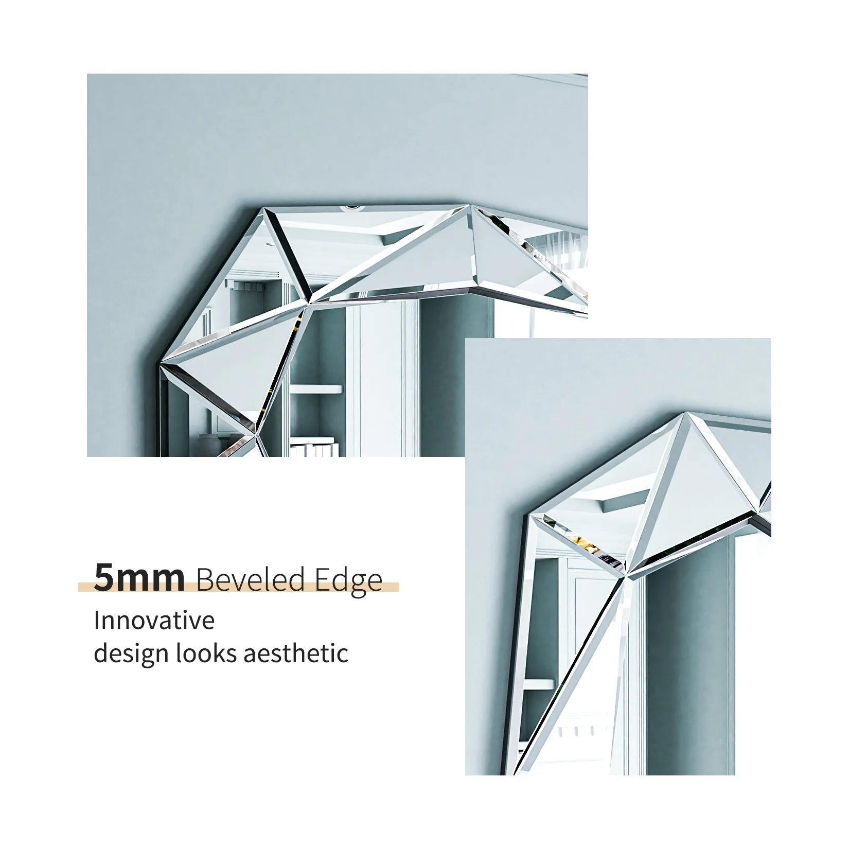 Stylish Irregular Silver Glass Wall Mirror with Beveled Diamond Edge Accents Perfect Decor for Living Room, Bedroom Entryway