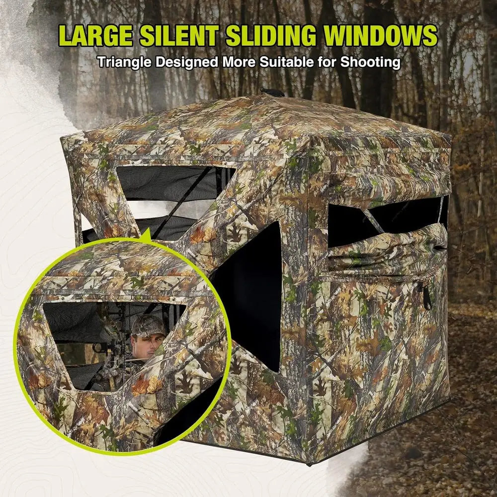 270° Panoramic View Silent Magnetic Door and Sliding Window 2-3 Person Pop-Up Ground Blind with Carry Bag, 300D Durable Camoufla