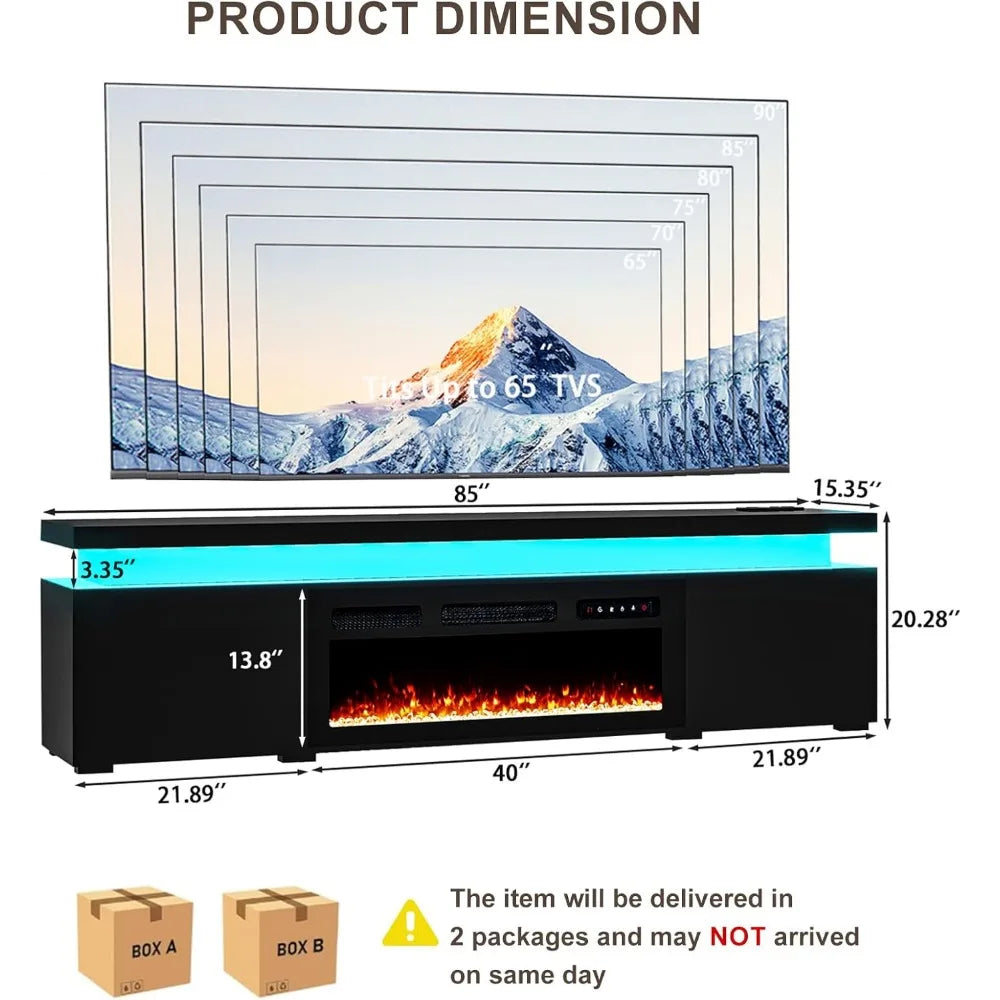 85’’ Fireplace TV Stand for 90 Inch TVs, Modern Entertainment Centers with LED Lights, High Gloss TV Console with 40’’ Electric