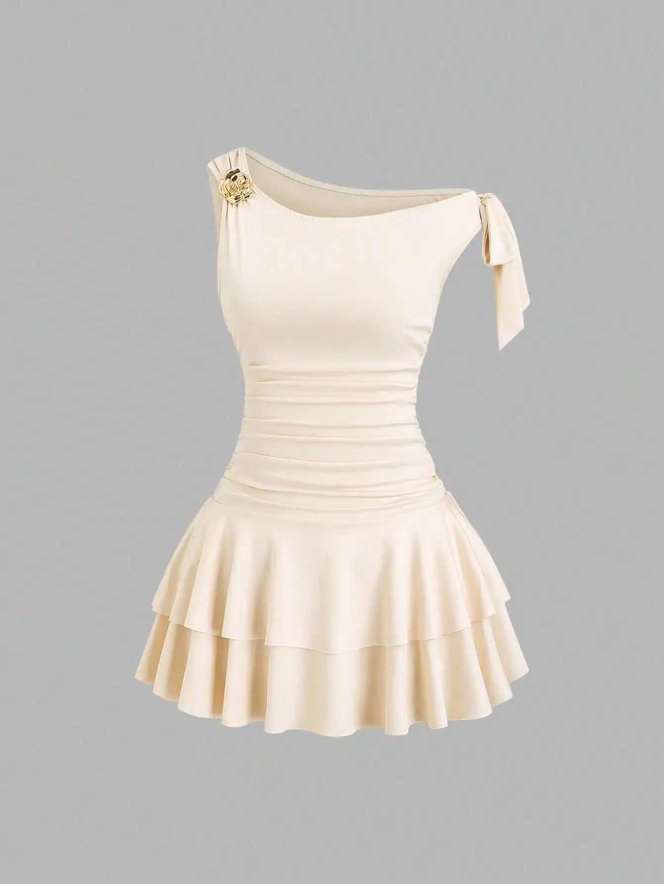 Women's One Shoulder Ruffle Mini Dress with Floral Brooch, Fitted Waist, Elegant Evening Wear