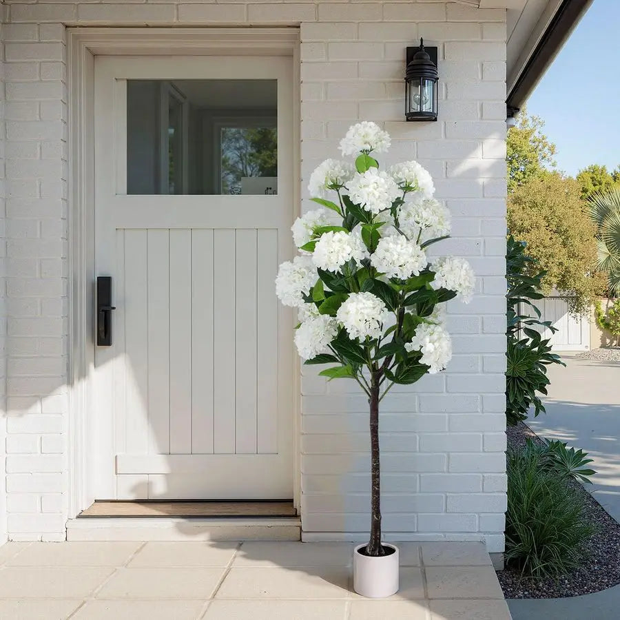 FT Artificial Hydrangea Tree Large Faux Hydrangea Plants Indoor OutdoorFake Flower Trees with White Tall Planter for Home Garden